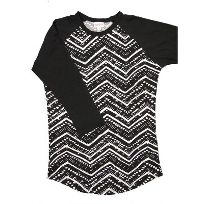 LuLaRoe RANDY b X-Small XS Black White Geometric with Black Raglan Sleeve Unisex Baseball Tee Shirt XS fits 2-4