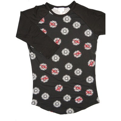 LuLaRoe RANDY b X-Small XS Black White Red Geometric with Black Raglan Sleeve Unisex Baseball Tee Shirt XS fits 2-4