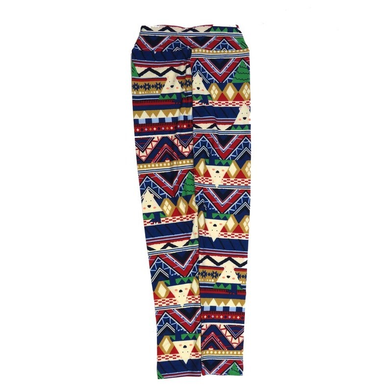 LuLaRoe Tween Christmas Holiday Triangle Polar Bear Stripe Blue Red White Green Leggings fits Adult sizes 00-0 TWEEN-3400-B