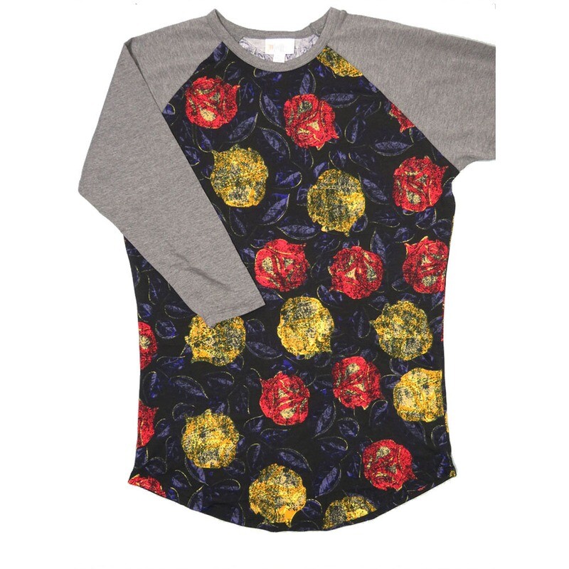 LuLaRoe RANDY b X-Small XS Black Purple Red Yellow Roses with Gray Raglan Sleeve Unisex Baseball Tee Shirt XS fits 2-4