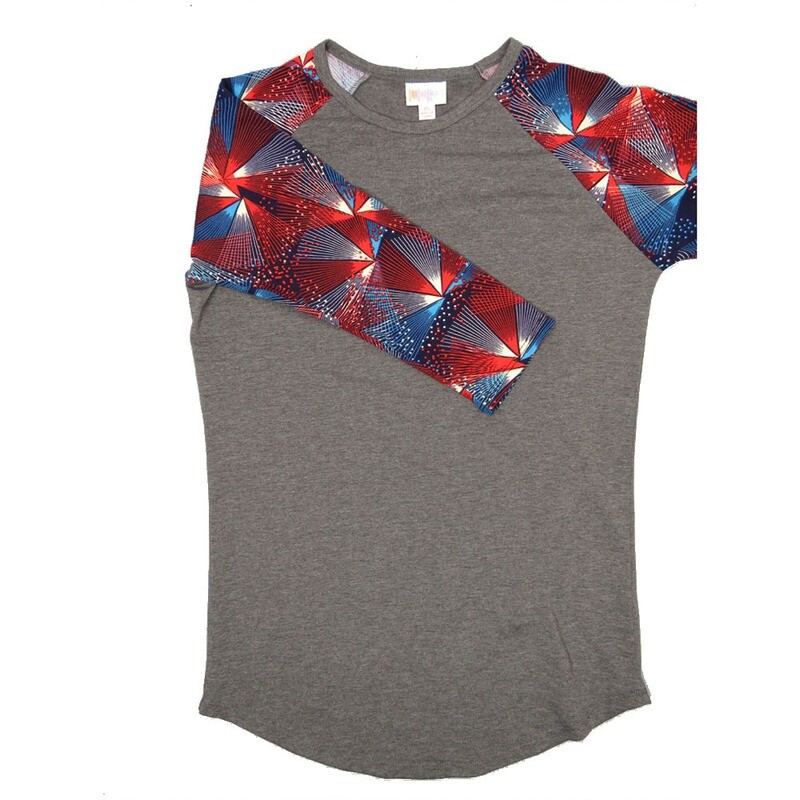 LuLaRoe RANDY b X-Small XS Dark Gray with Red Blue White America USA Raglan Sleeve Unisex Baseball Tee Shirt XS fits 2-4