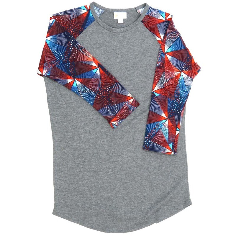 LuLaRoe RANDY b X-Small XS Americana USA Fireworks Red White Blue Gray Raglan Sleeve Unisex Baseball Tee Shirt XS fits 2-4