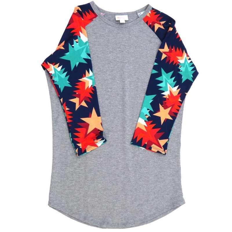 LuLaRoe RANDY b X-Small XS Americana USA Shooting Stars Blue Red Gray White Raglan Sleeve Unisex Baseball Tee Shirt XS fits 2-4 LuLaRoe RANDY b X-Small XS Americana USA Shooting Stars Blue Red Gray White Raglan Sleeve Unisex Baseball Tee Shirt XS fits 2-4