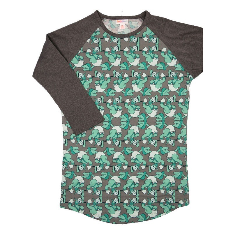 LuLaRoe RANDY b X-Small XS Disney Donald Duck Gray Green with Dark Gray Raglan Sleeve Unisex Baseball Tee Shirt XS fits 2-4
