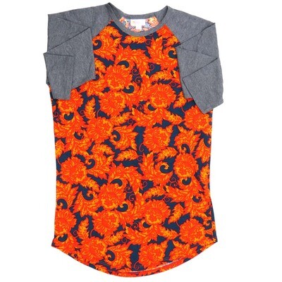 LuLaRoe RANDY b X-Small XS Floral Blue Orange Gray Raglan Sleeve Unisex Baseball Tee Shirt XS fits 2-4