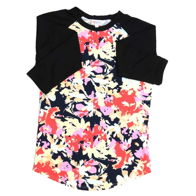 LuLaRoe RANDY b X-Small XS Floral Abstract Black Red Yellow Gray Raglan Sleeve Unisex Baseball Tee Shirt XS fits 2-4