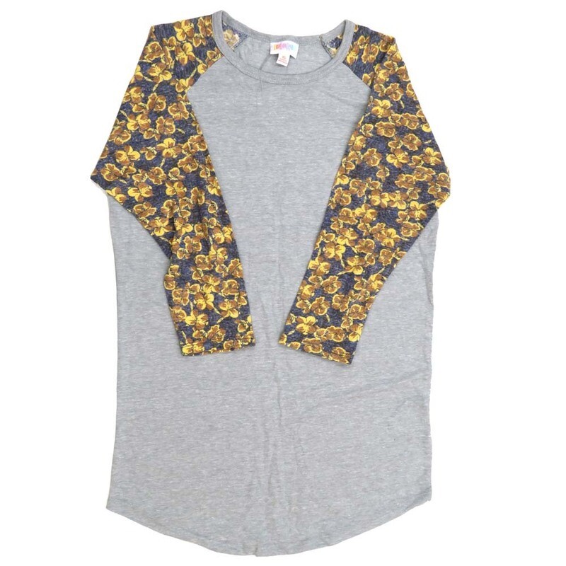 LuLaRoe RANDY b X-Small XS Floral Gray Red Yellow Raglan Sleeve Unisex Baseball Tee Shirt XS fits 2-4