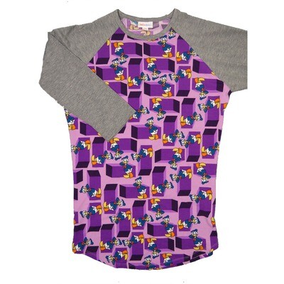 LuLaRoe RANDY b X-Small XS Disney Donald Duck Purple Light Purple with Gray Raglan Sleeve Unisex Baseball Tee Shirt XS fits 2-4