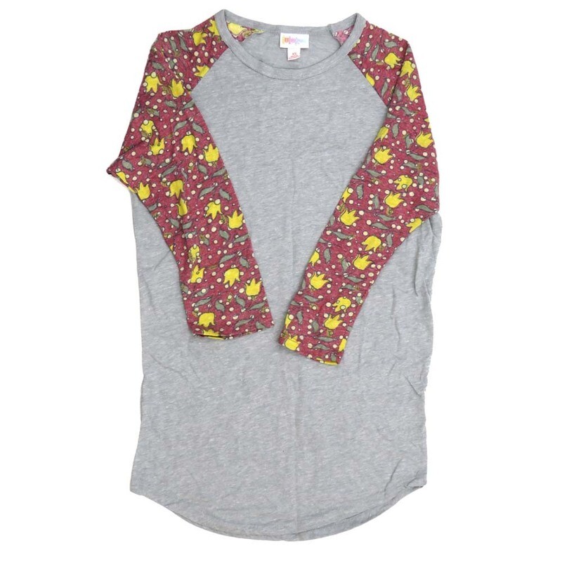 LuLaRoe RANDY b X-Small XS Floral Yellow Green Polka Dot Gray Raglan Sleeve Unisex Baseball Tee Shirt XS fits 2-4