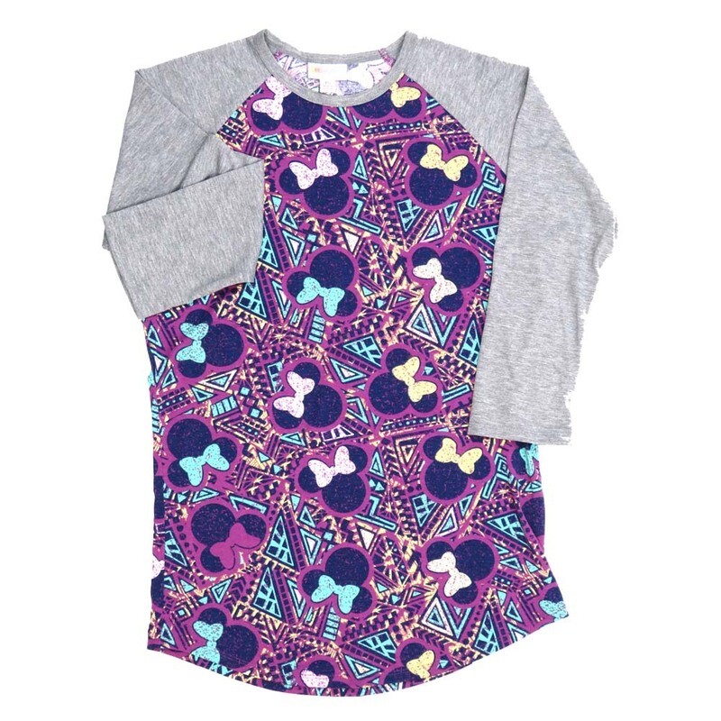 LuLaRoe RANDY b X-Small XS Disney Minnie Mouse Purple Gray Yellow Pink Raglan Sleeve Unisex Baseball Tee Shirt XS fits 2-4