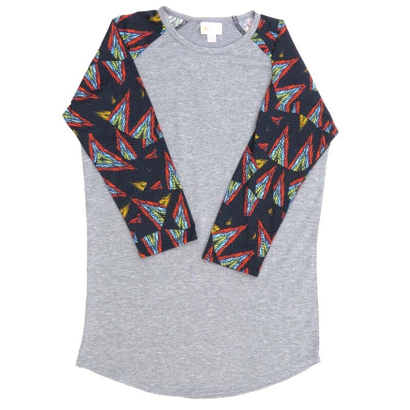 LuLaRoe RANDY b X-Small XS Geometric Flames Black Red Yellow Gray Raglan Sleeve Unisex Baseball Tee Shirt XS fits 2-4