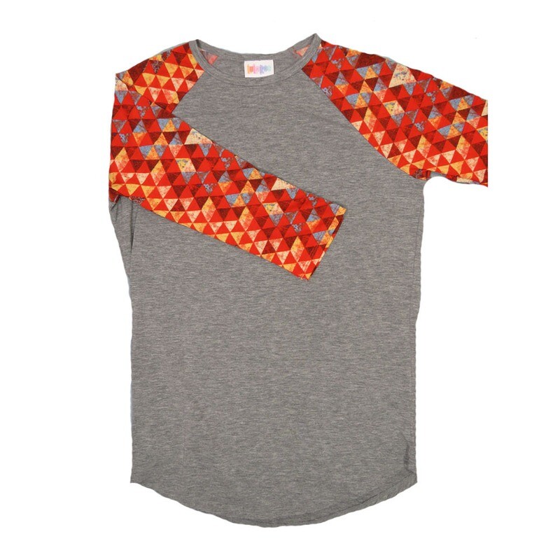 LuLaRoe RANDY b X-Small XS Gray with Dark Orange Light Blue Yellow Raglan Sleeve Unisex Baseball Tee Shirt XS fits 2-4