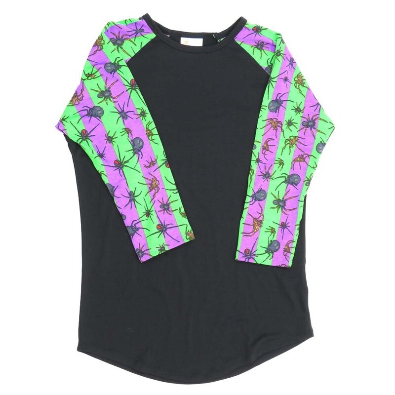 LuLaRoe RANDY b X-Small XS Halloween Spiders Black Blue Yellow Stripe Raglan Sleeve Unisex Baseball Tee Shirt XS fits 2-4