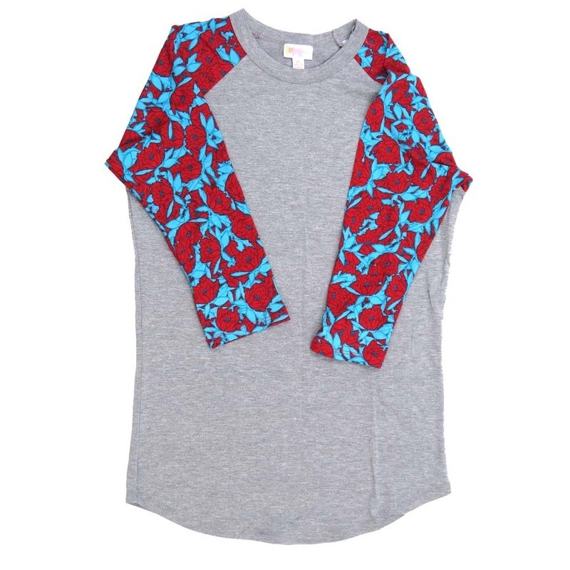 LuLaRoe RANDY b X-Small XS Lotus Flowers Red Gray Pink Raglan Sleeve Unisex Baseball Tee Shirt XS fits 2-4