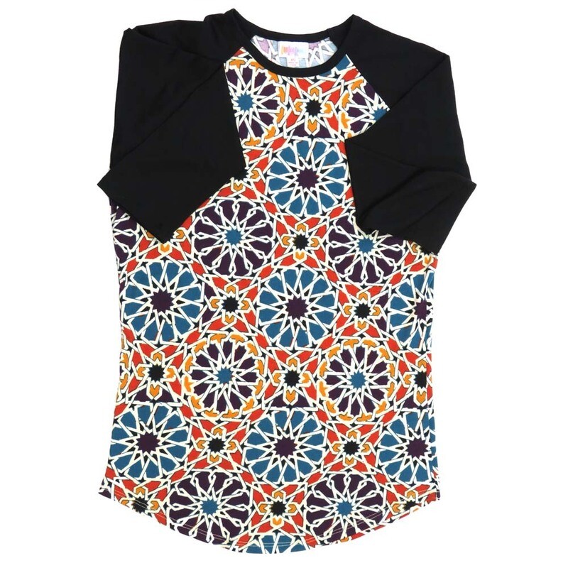 LuLaRoe RANDY b X-Small XS Mandalas Wheels Black White Green Red Purple Raglan Sleeve Unisex Baseball Tee Shirt XS fits 2-4