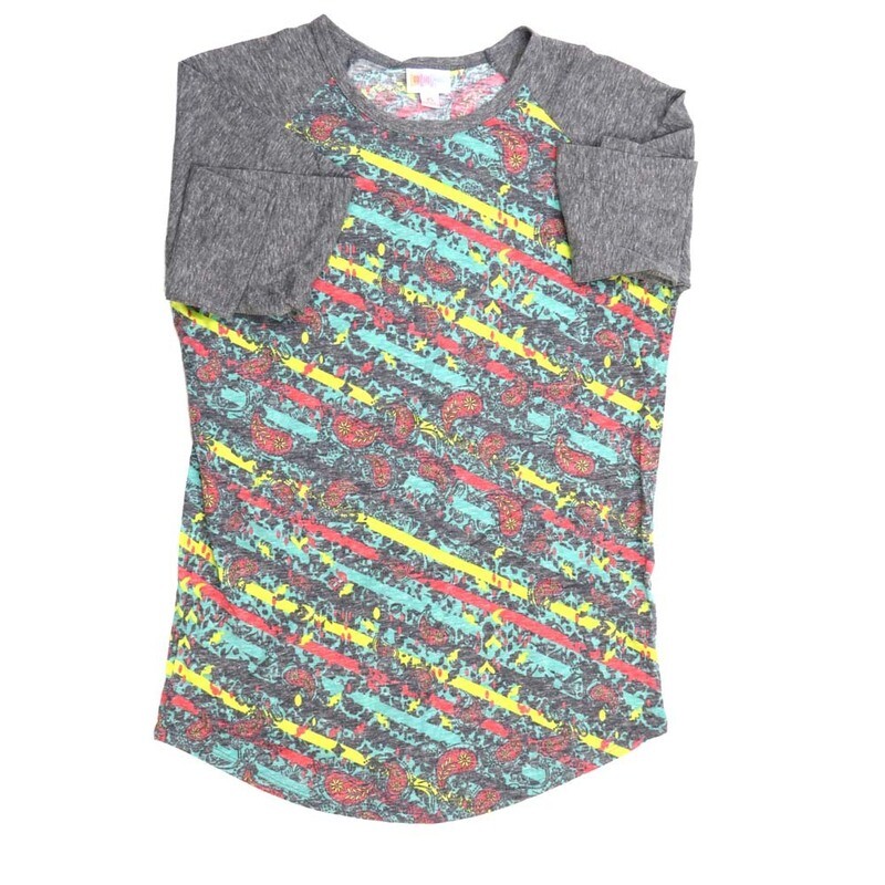LuLaRoe RANDY b X-Small XS Paisley Diagonal Stripe Red Yellow Gray Raglan Sleeve Unisex Baseball Tee Shirt XS fits 2-4