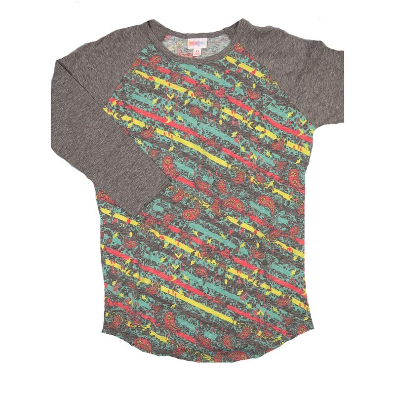 LuLaRoe RANDY b X-Small XS Paisley Gray Yellow Red Geometric with Gray Raglan Sleeve Unisex Baseball Tee Shirt XS fits 2-4