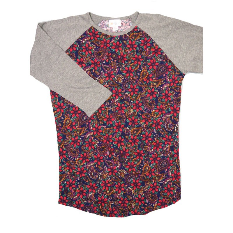 LuLaRoe RANDY b X-Small XS Purple Red Paisley Floral with Gray Raglan Sleeve Unisex Baseball Tee Shirt XS fits 2-4