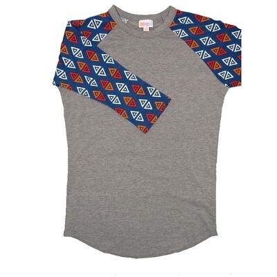 LuLaRoe RANDY b X-Small XS Solid Gray with Blue Red White Geometric Raglan Sleeve Unisex Baseball Tee Shirt XS fits 2-4