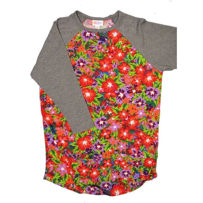 LuLaRoe RANDY b X-Small XS Vibrant Red Green Purple Floral with Gray Raglan Sleeve Unisex Baseball Tee Shirt XS fits 2-4
