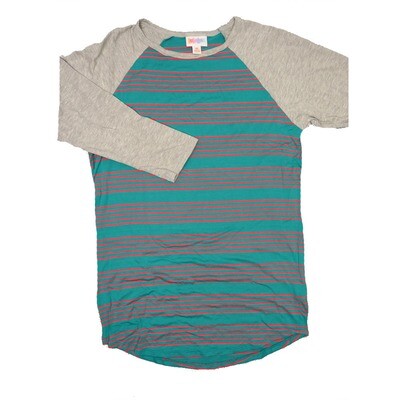 LuLaRoe RANDY b X-Small XS Turquoise Pink Stripe with Gray Raglan Sleeve Unisex Baseball Tee Shirt XS fits 2-4