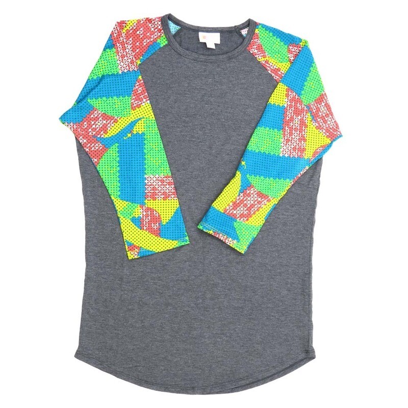 LuLaRoe RANDY c Small S Polka Dot Geometric Gray Yellow Blue Red Raglan Sleeve Unisex Baseball Tee Shirt S fits 6-8