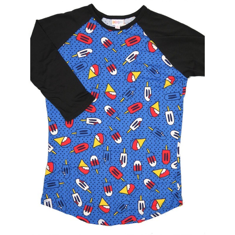 LuLaRoe RANDY c Small S Americana Blue Red White Yellow Rocekt Pops Icicles with Black Raglan Sleeve Unisex Baseball Tee Shirt S fits 6-8 LuLaRoe RANDY c Small S Americana Blue Red White Yellow Rocekt Pops Icicles with Black Raglan Sleeve Unisex Baseball Tee Shirt S fits 6-8