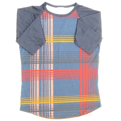 LuLaRoe RANDY c Small S Stripe Plaid Blue Red Yellow Gray Raglan Sleeve Unisex Baseball Tee Shirt S fits 6-8