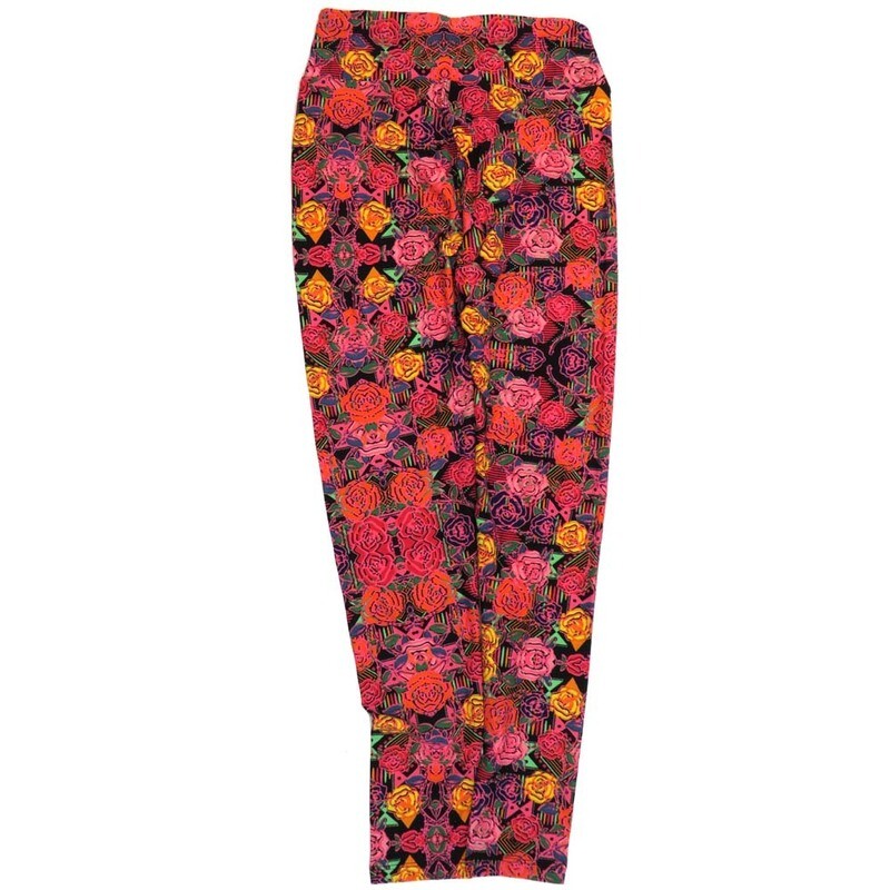 LuLaRoe One Size OS Roses Black Pink Yellow Buttery Soft Leggings - OS fits Adults 2-10