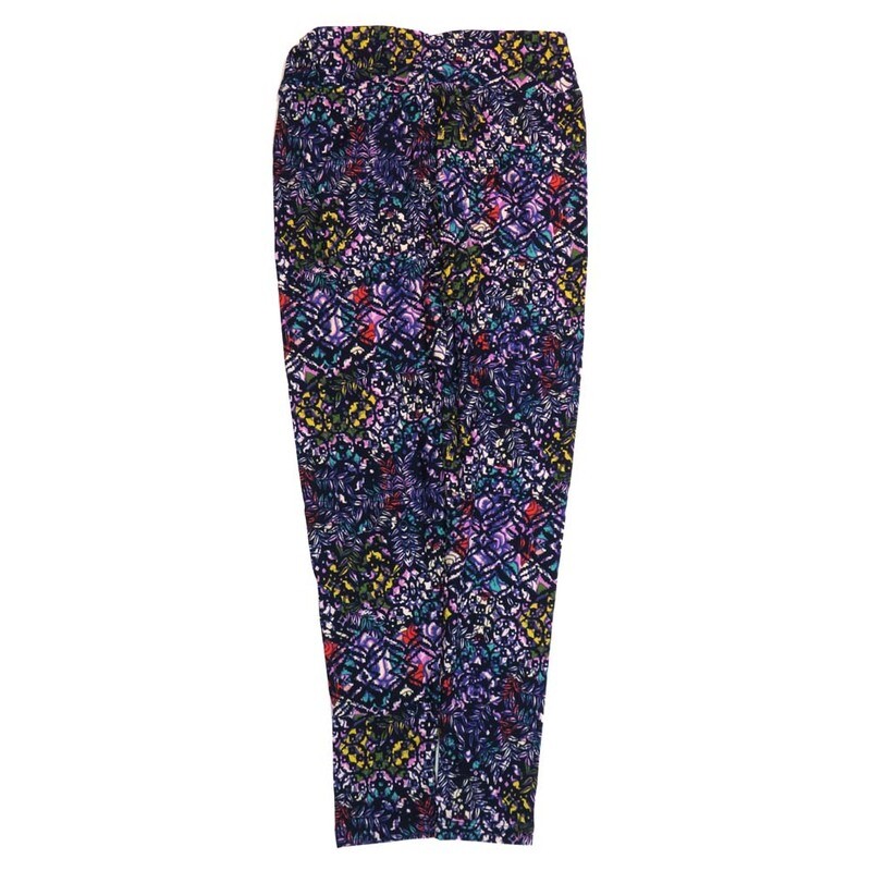 LuLaRoe One Size OS Floral Geometric Purple Yellow Blue Black Leggings (OS fits Adults 2-10)