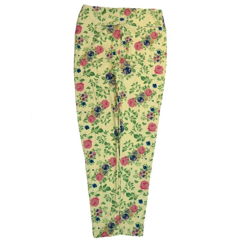 LuLaRoe One Size OS Roses Pink Purple Cream Leggings (OS fits Adults 2-10)