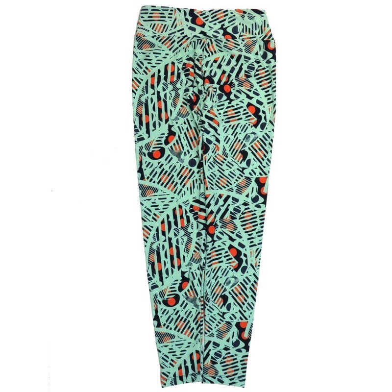LuLaRoe One Size OS Light Green Black Coral Stripe Polka Dot Geometric Buttery Soft Leggings - OS fits Adults 2-10