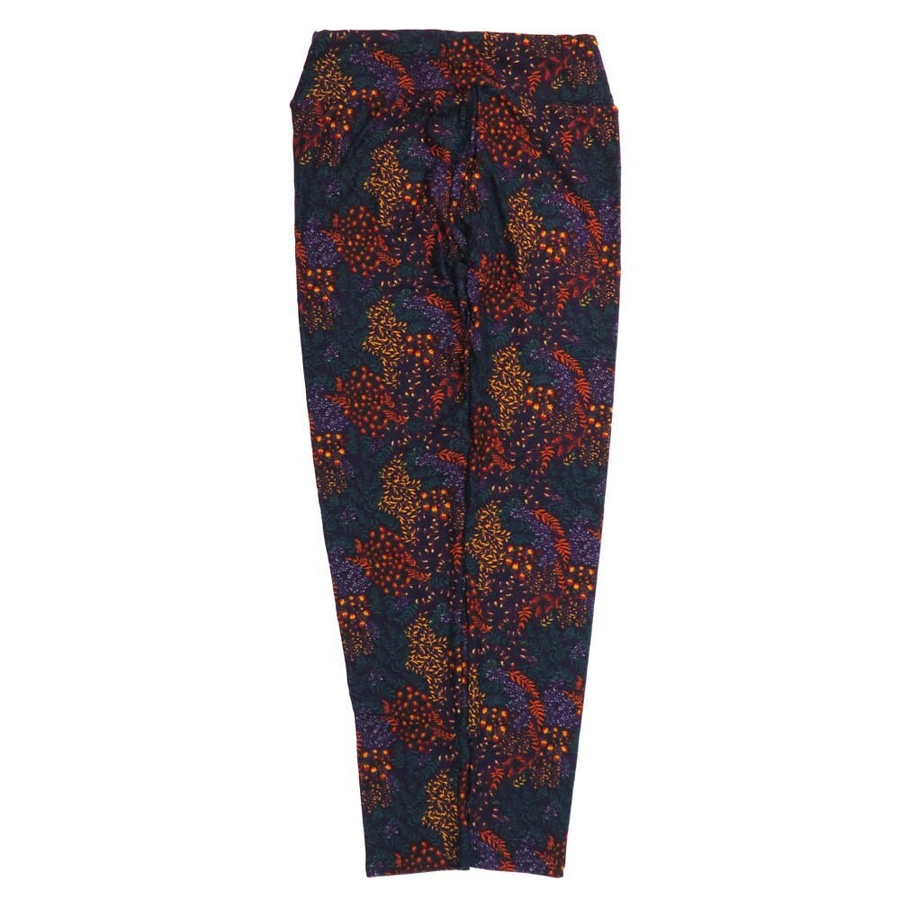 LuLaRoe One Size OS Dark Green Orange Purple Floral Buttery Soft Leggings - OS fits Adults 2-10