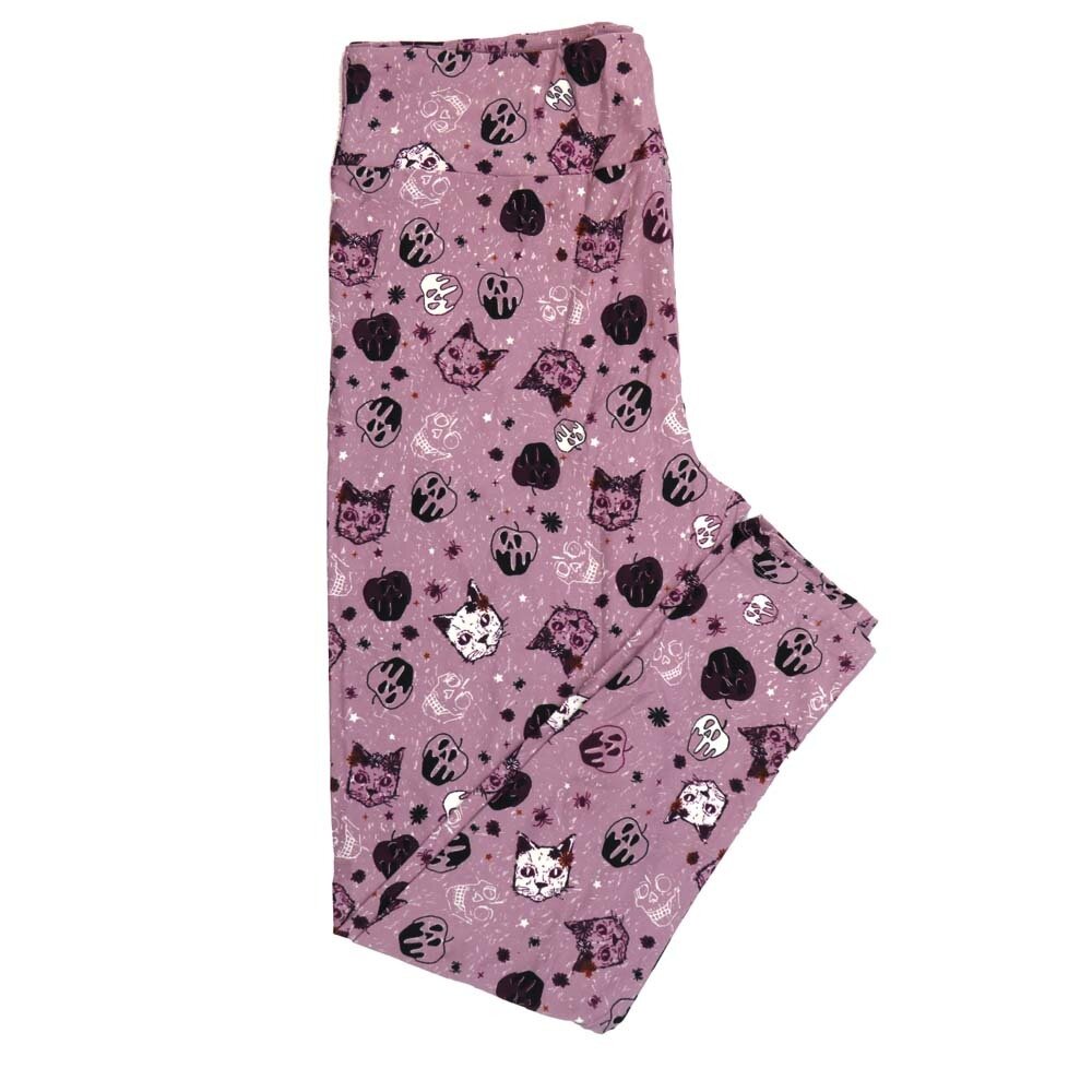 LuLaRoe One Size (OS) Halloween Snarling Cats Skulls Dripping Apples Pinkish Purple White Black Buttery Soft Leggings 4432-A33 958502 fits Adult sizes 2-10