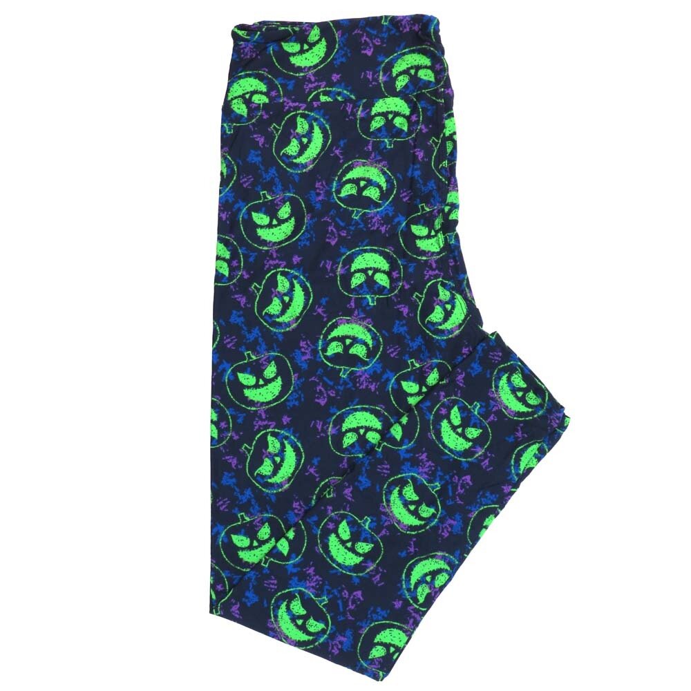 LuLaRoe One Size (OS) Halloween Smiling Jack-O-Lanterns Pumpkins Purple Blue Black Green Buttery Soft Leggings 4434-B20 996100 fits Adult sizes 2-10