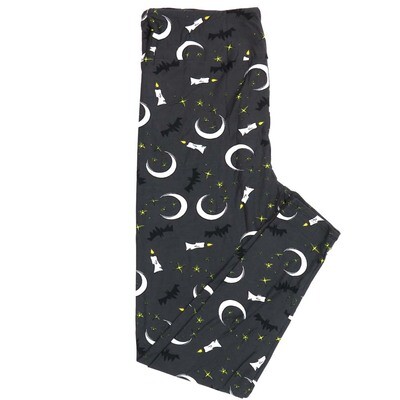 LuLaRoe One Size (OS) Halloween Crescent Moon Vampire Bats Lit Candles Dark Gray Black White Buttery Soft Leggings 4441-A22 910904 fits Adult sizes 2-10