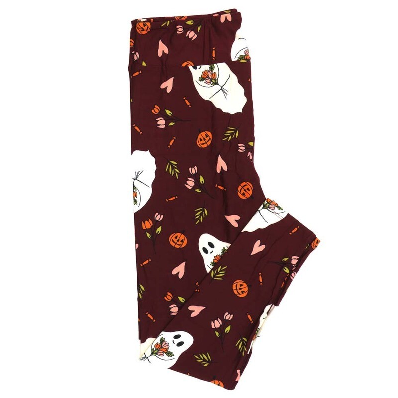 LuLaRoe One Size (OS) Halloween Floating Ghosts Hearts Pumpkins Jack-O-Lanterns Maroon Black Orange White Green Buttery Soft Leggings 4438-A22 848512 fits Adult sizes 2-10