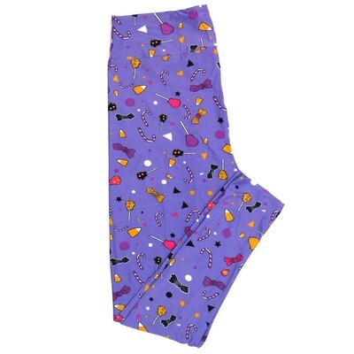 LuLaRoe One Size (OS) Halloween Candy Corn Lollipops  Canes Purple White Black Yellow Buttery Soft Leggings 4430-B12 989203 fits Adult sizes 2-10