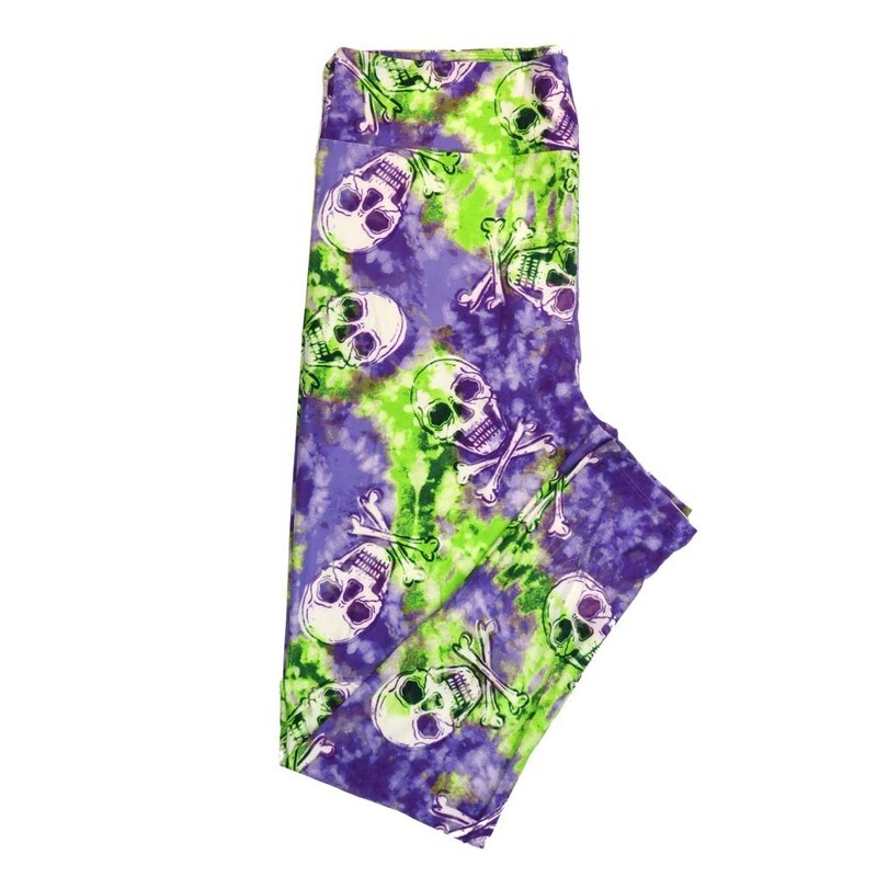 LuLaRoe One Size (OS) Halloween Cross Bones and Skulls Batik Dye Purple Green White Black Buttery Soft Leggings 4433-B20 817811 fits Adult sizes 2-10