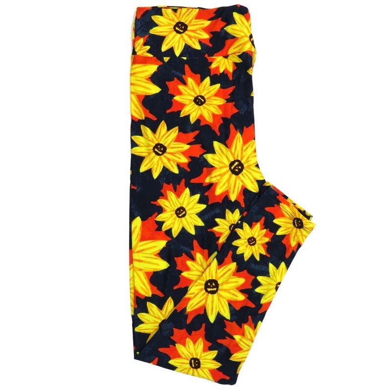 LuLaRoe One Size (OS) Halloween Clematis Flower Pumpkin Jack-O-Lantern Black Orange Yellow Buttery Soft Leggings 4437-A22 862316 fits Adult sizes 2-10
