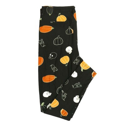 LuLaRoe One Size (OS) Halloween Pumpkins Outlines of Crows Skulls Black White Orange Buttery Soft Leggings 4443-A21 903007 fits Adult sizes 2-10