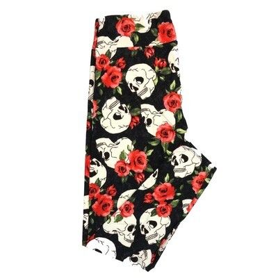 LuLaRoe One Size (OS) Halloween Red Roses and Skulls Black White Green Buttery Soft Leggings 4435-A21 013097 fits Adult sizes 2-10