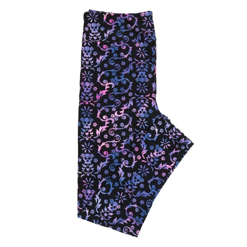 LuLaRoe One Size (OS) Halloween SkullsFiligree Ornate Black Purple Blue Pink Buttery Soft Leggings 4440-A22 934708 fits Adult sizes 2-10