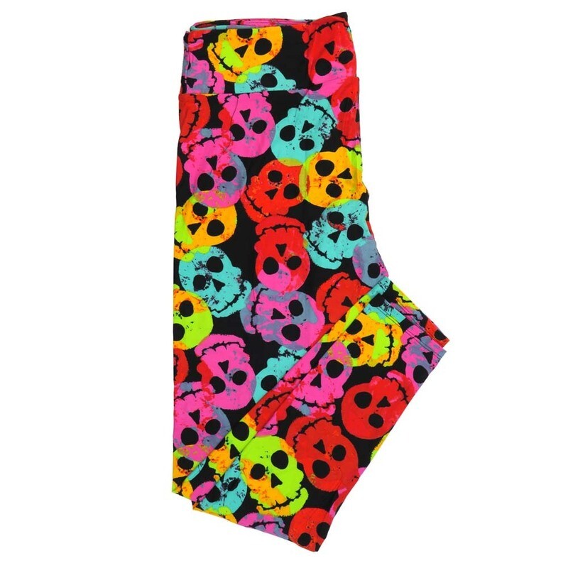 LuLaRoe One Size (OS) Halloween Smiling Skulls Black Fuchsia Blue Green Mint Buttery Soft Leggings 4431-A23 972306 fits Adult sizes 2-10