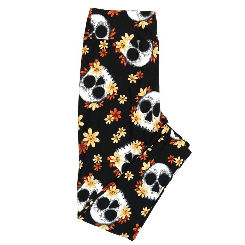 LuLaRoe One Size (OS) Halloween Sugar Skulls Floral Black Orange White Green Buttery Soft Leggings 4442-A21 866110 fits Adult sizes 2-10