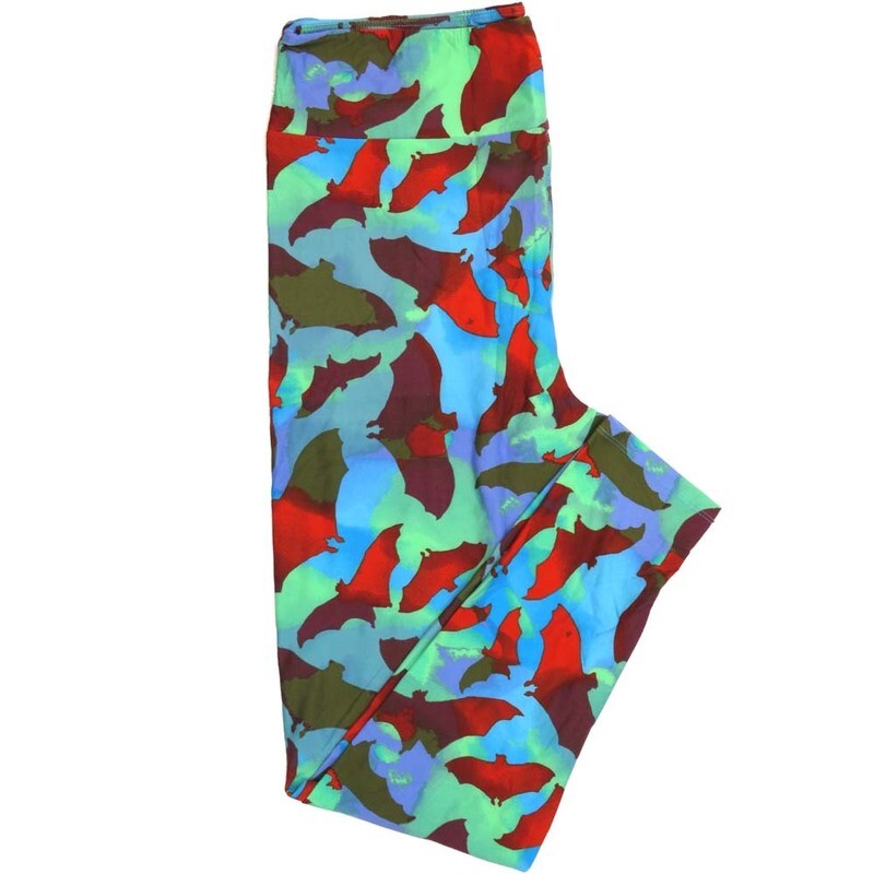 LuLaRoe One Size (OS) Halloween Vampire Bats Green Red Purple Blue Cream Buttery Soft Leggings 4430-A21 006190 fits Adult sizes 2-10