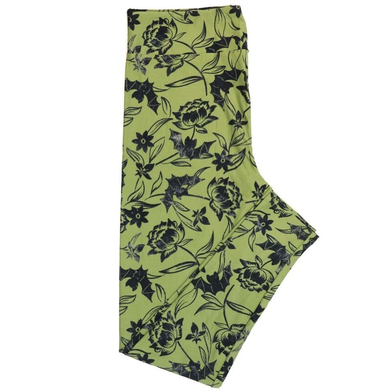 LuLaRoe One Size (OS) Halloween Vampire Bats Floral Peony Peonies Green Black Buttery Soft Leggings 4435-B21 800914 fits Adult sizes 2-10