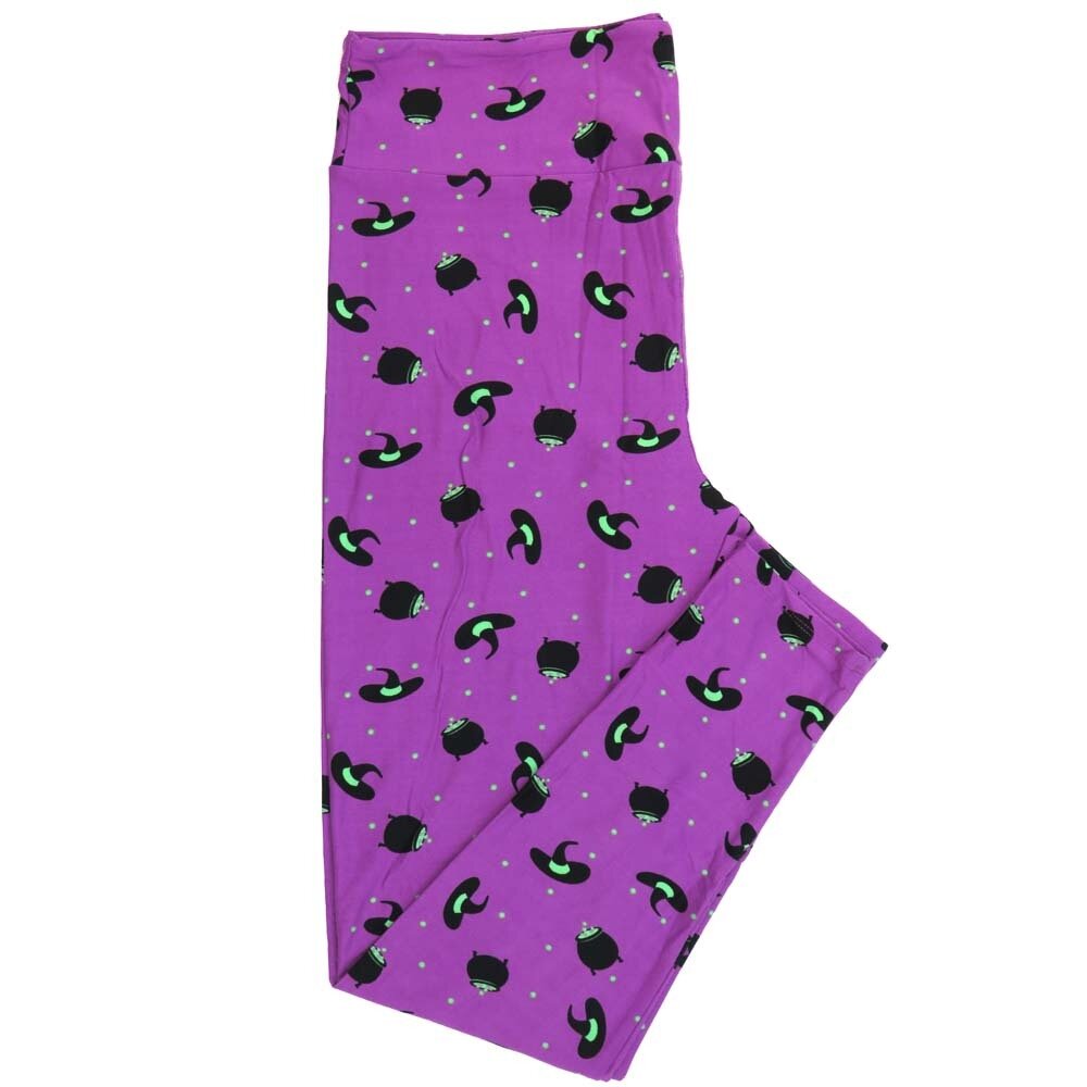 LuLaRoe TCTWO (TC2) Halloween Crooked Witches Hats Boiling Cauldrons Purple Green Black Yellow Buttery Soft Leggings 9102-A9 fits Adult Women 18-26