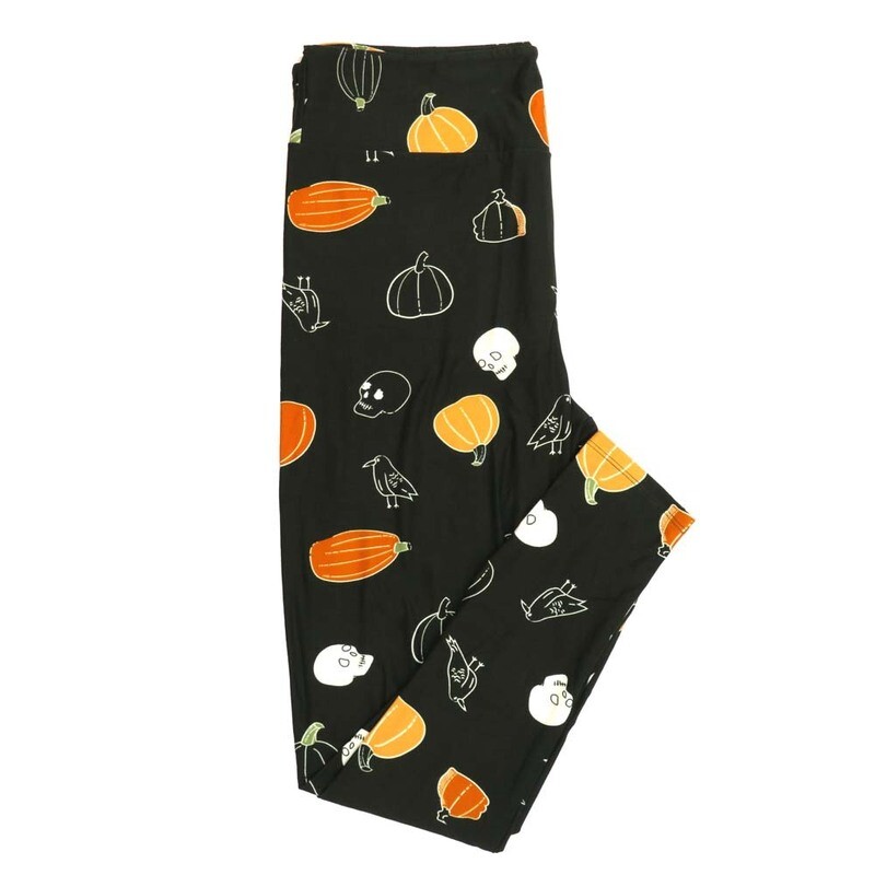 LuLaRoe TCTWO (TC2) Halloween Pumpkins Outlines of Crows Skulls Black Orange White Buttery Soft Leggings 9105-A9 fits Adult Women 18-26