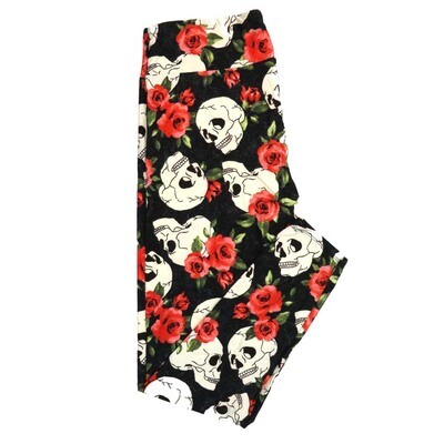 LuLaRoe TCTWO (TC2) Halloween Skulls and Red Roses Black White Green Buttery Soft Leggings 9106-C10 fits Adult Women 18-26